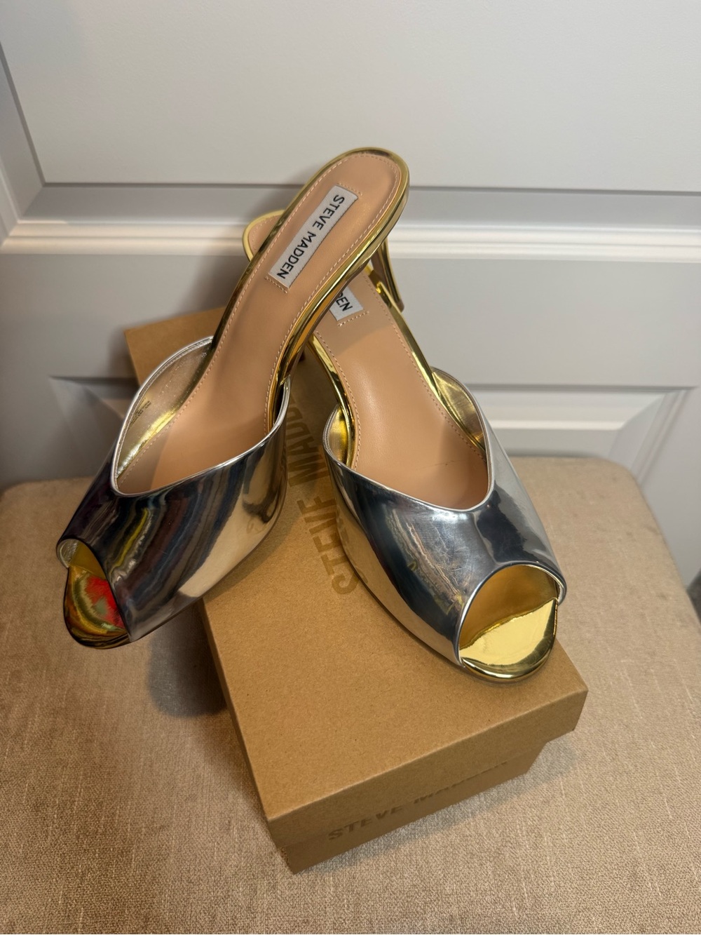 Steve Madden Silver and Gold Peep-Toe Mules